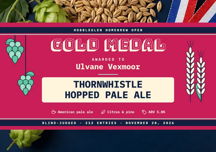 Hobbleglen Homebrew Open gold medal certificate template