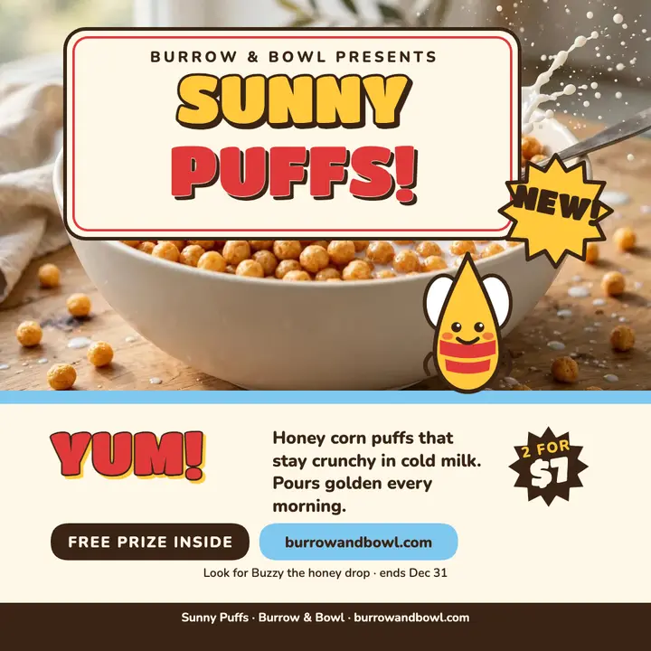 Sunny Puffs honey cereal launch post template