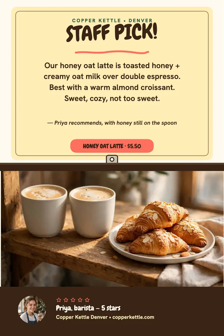 Honey oat latte staff pick poster: staff pick poster template