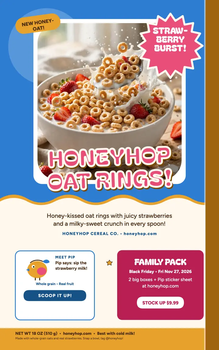 Honeyhop honey-oat cereal box cover template