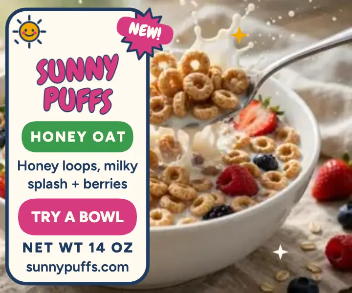 Sunny Puffs honey oat cereal launch ad template