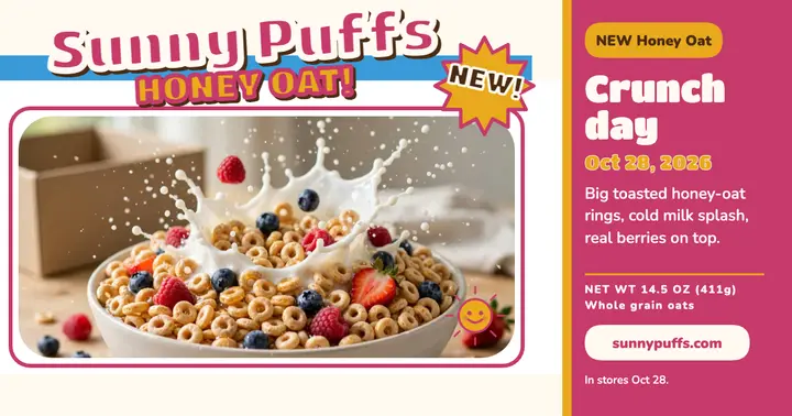 Sunny Puffs honey oat launch post template