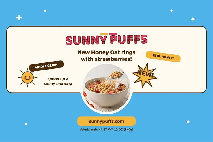 Sunny Puffs honey oat cereal launch: cereal launch postcard template