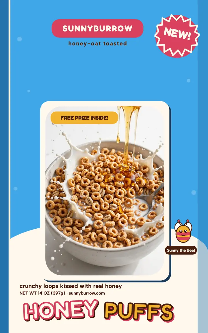 Sunnyburrow Honey Puffs cereal box cover: cereal box cover template
