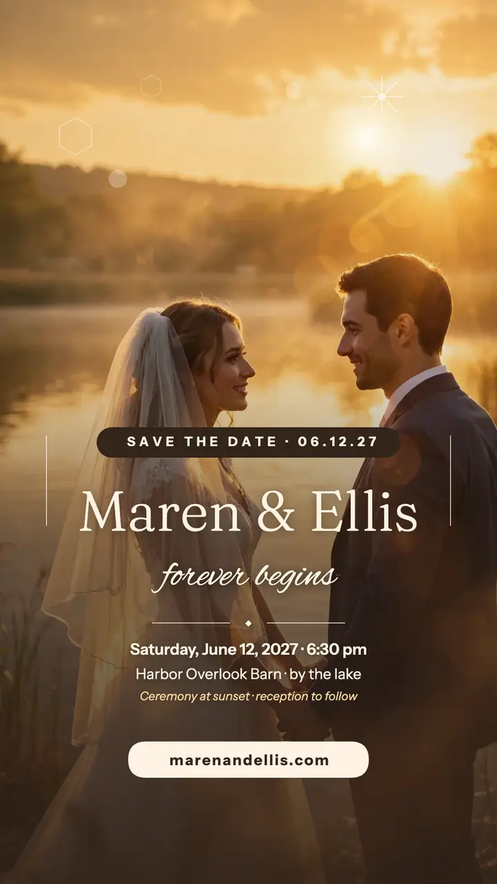 Maren and Ellis lakeside sunset story: wedding story template