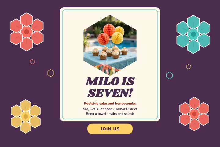 Milo's honeycomb birthday pool party postcard: birthday pool party postcard template