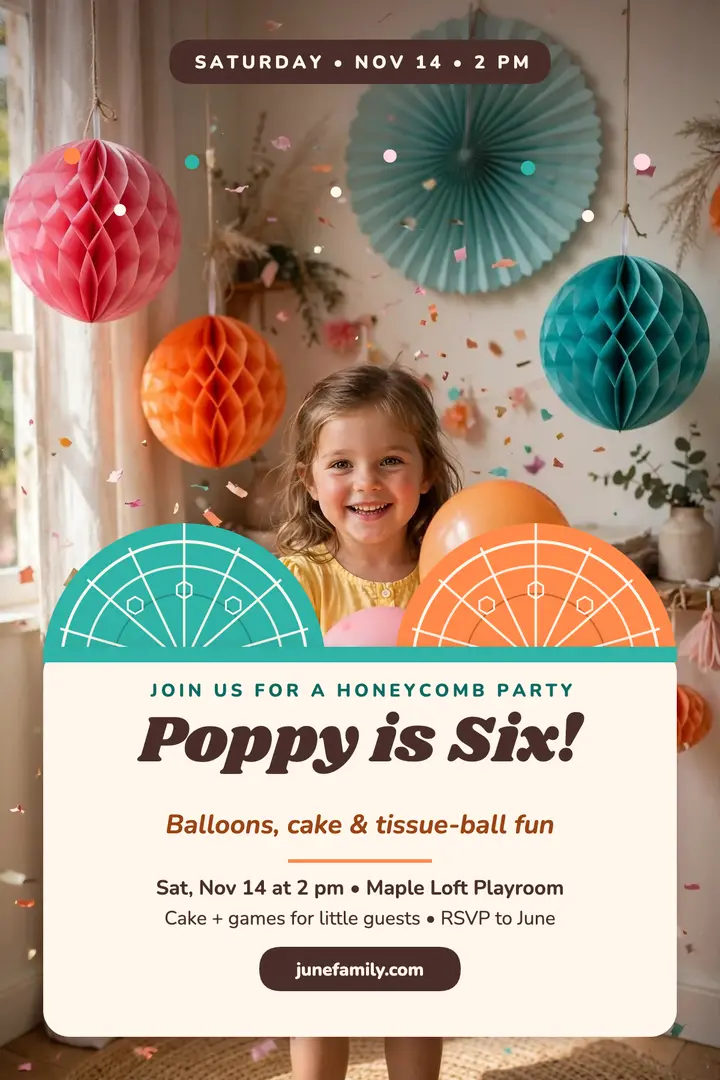 Poppy is Six honeycomb party poster template