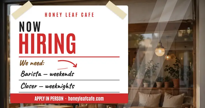 Honeyleaf Cafe now hiring window card template