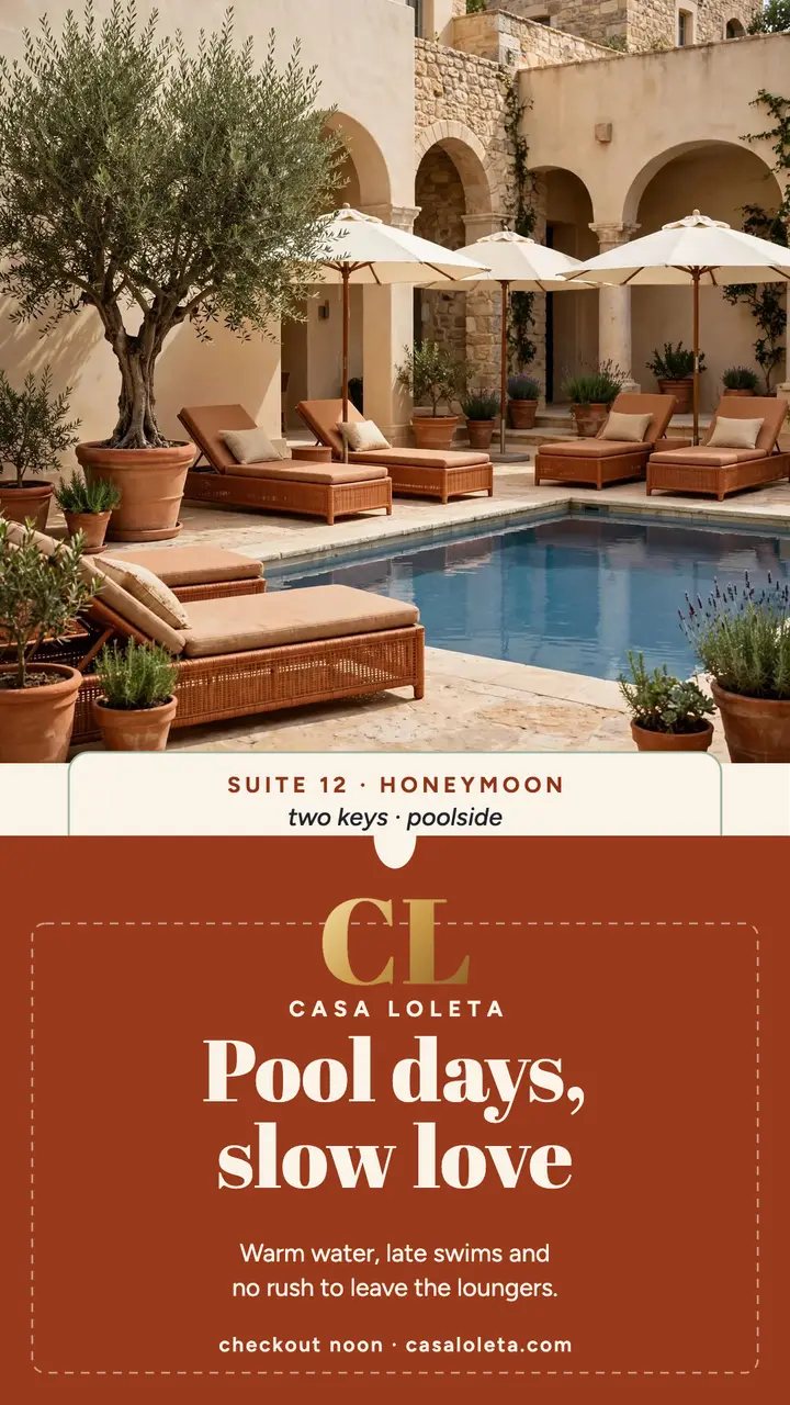Casa Loleta honeymoon pool key sleeve story: honeymoon hotel story template