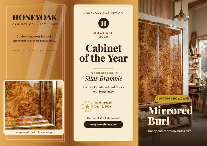 Honeyoak burl cabinet showcase award template
