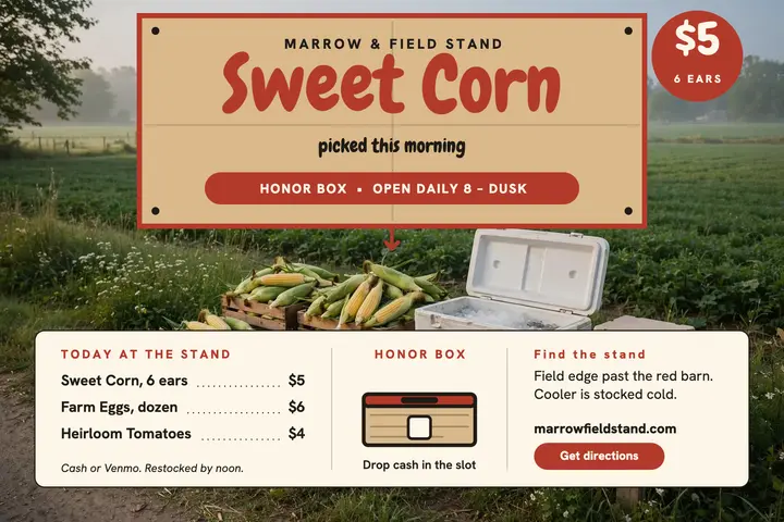 Marrow and Field sweet corn stand postcard: farm stand postcard template