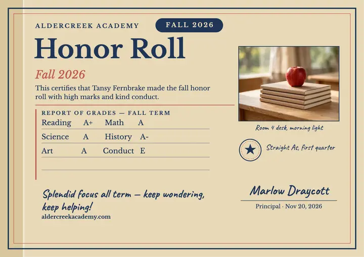 Aldercreek honor roll report card template