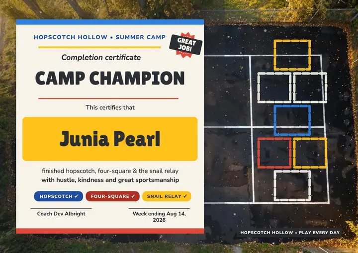 Hopscotch Hollow camp champion certificate template