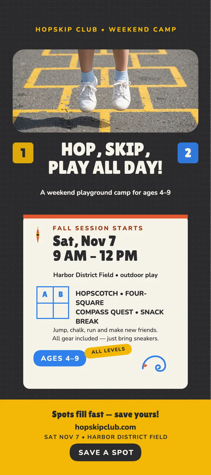 Hopskip Club weekend camp rack card template