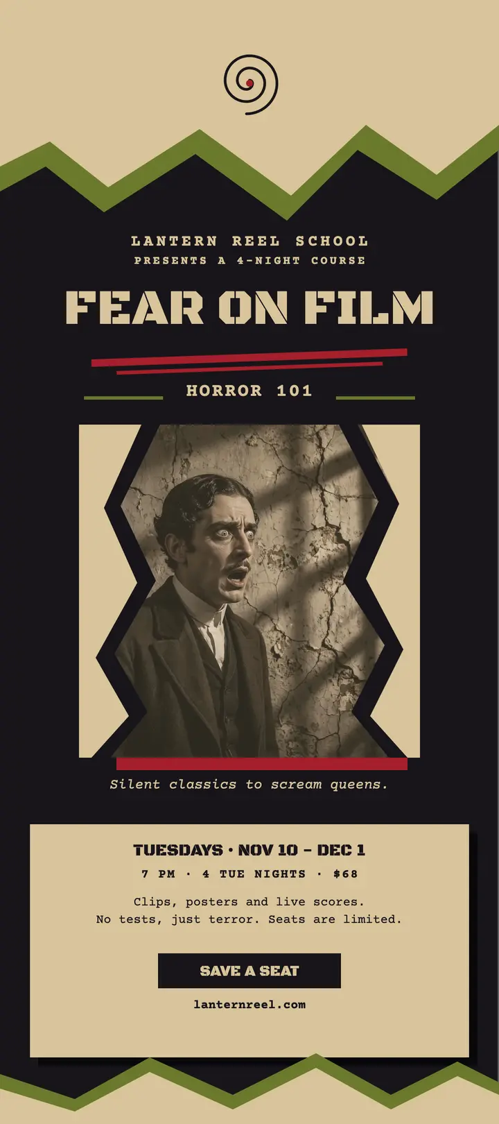 Lantern Reel horror cinema course rack card: horror cinema course card template