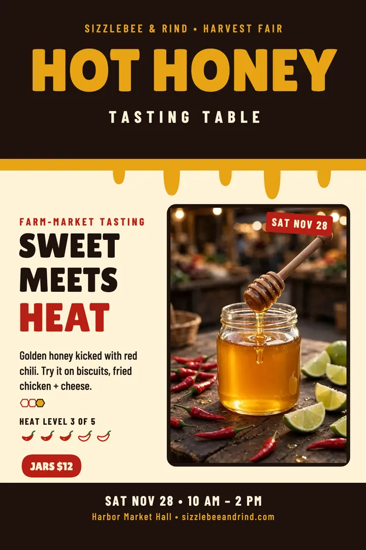 Sizzlebee hot honey tasting poster template