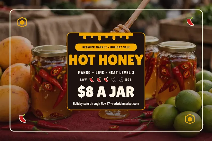Redwick hot honey holiday sale postcard template