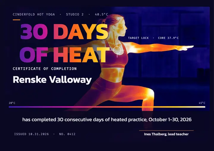 Cinderfold Hot Yoga 30 days of heat certificate template