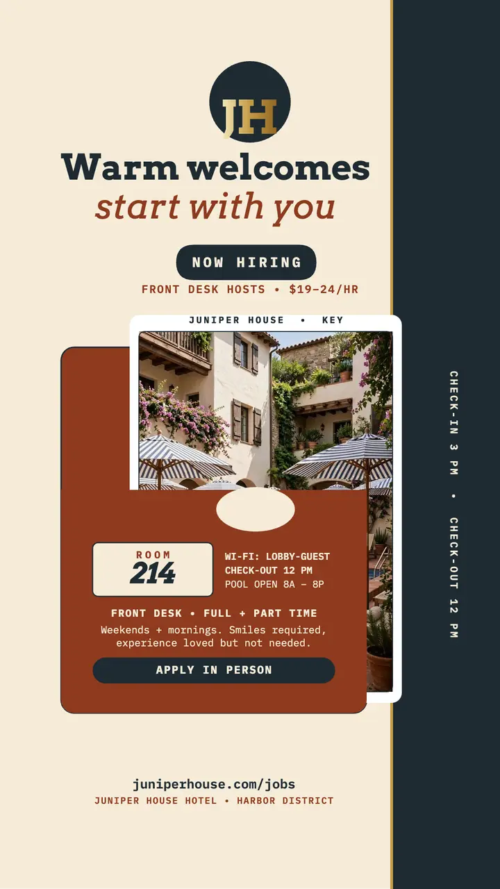 Juniper House front desk hiring key story: hotel hiring story template