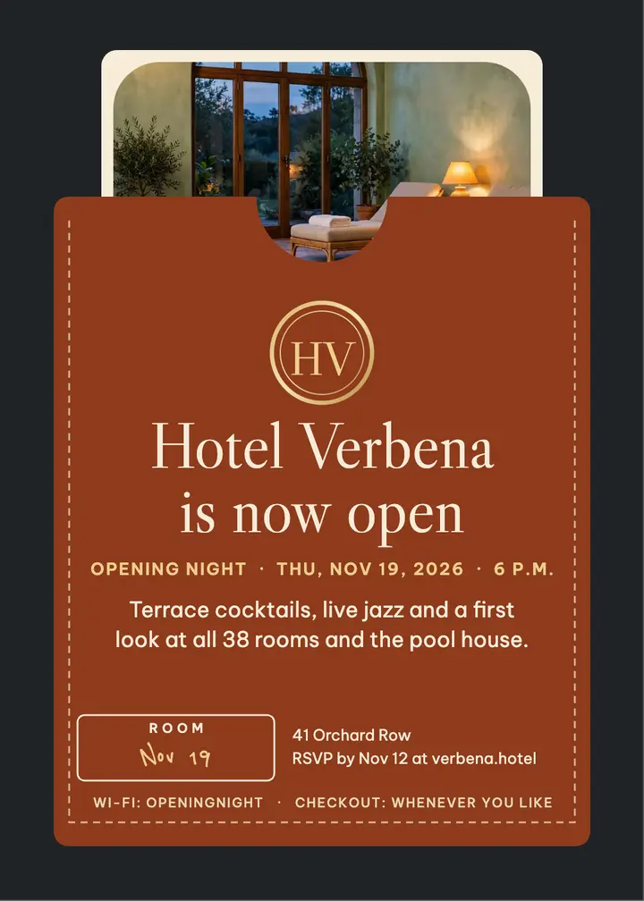 Boutique hotel opening invitation, key-card sleeve template