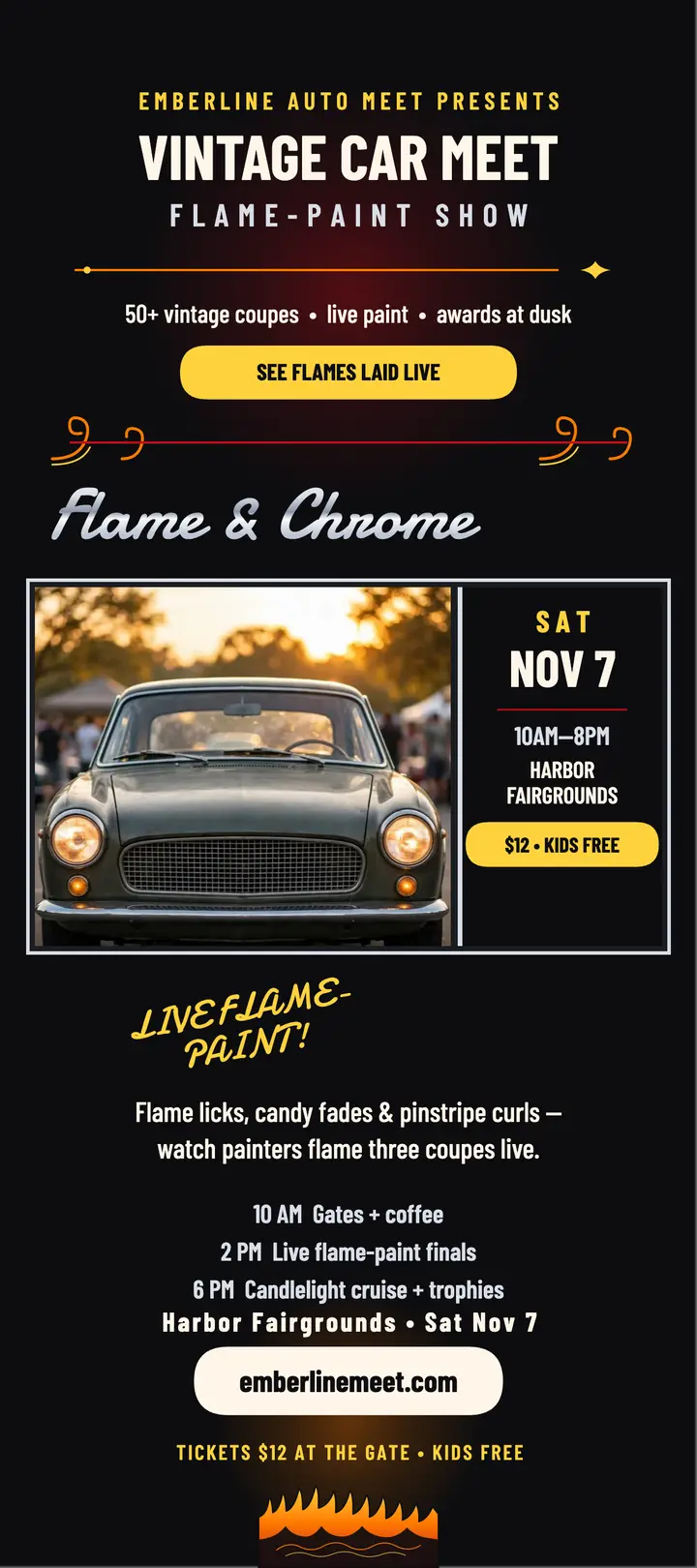 Emberline vintage car meet flame card template