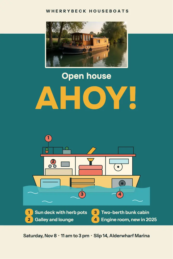 Wherrybeck Houseboats open house poster, cutaway cross-section template