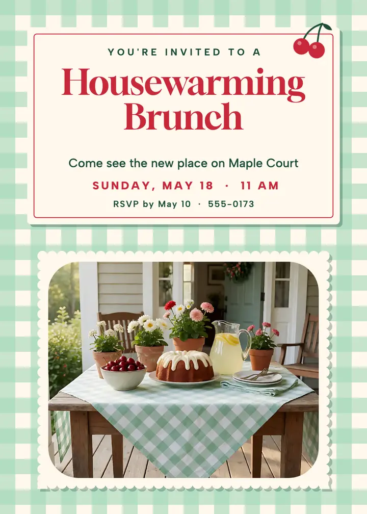 Housewarming brunch invitation, mint gingham template