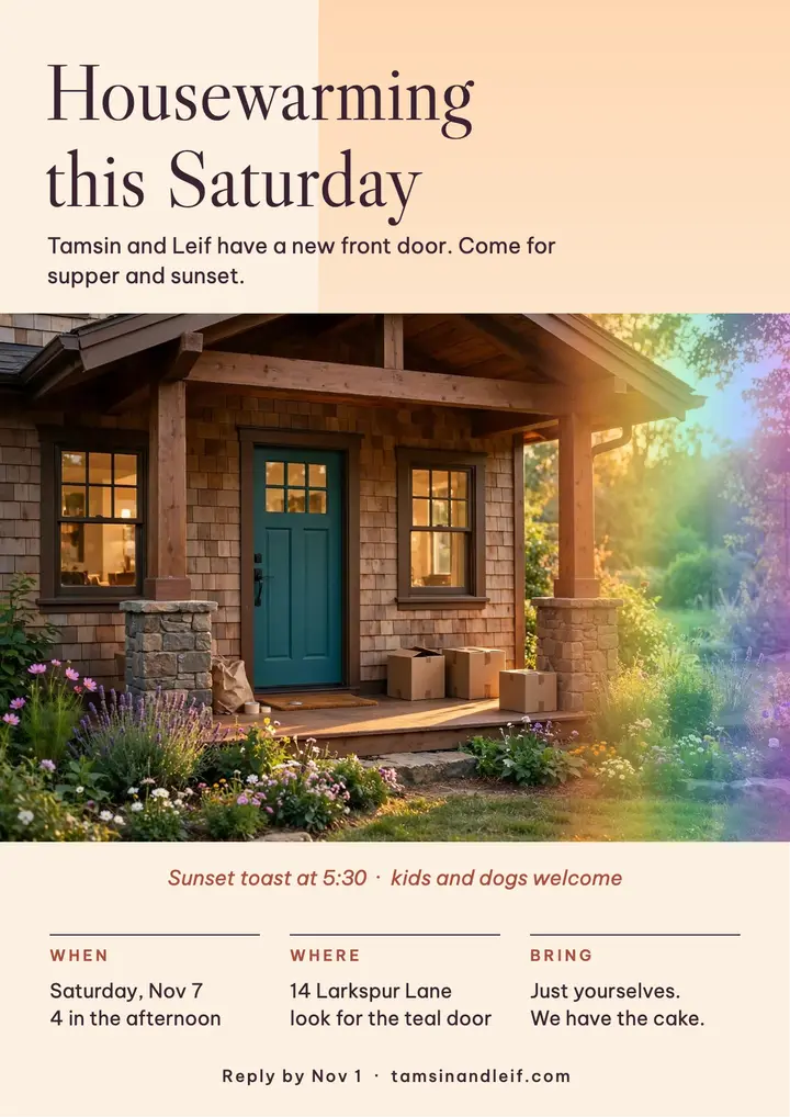 Tamsin and Leif housewarming flyer template