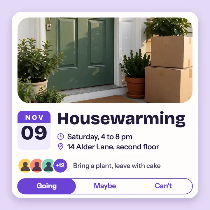 Alder Lane housewarming calendar invite template