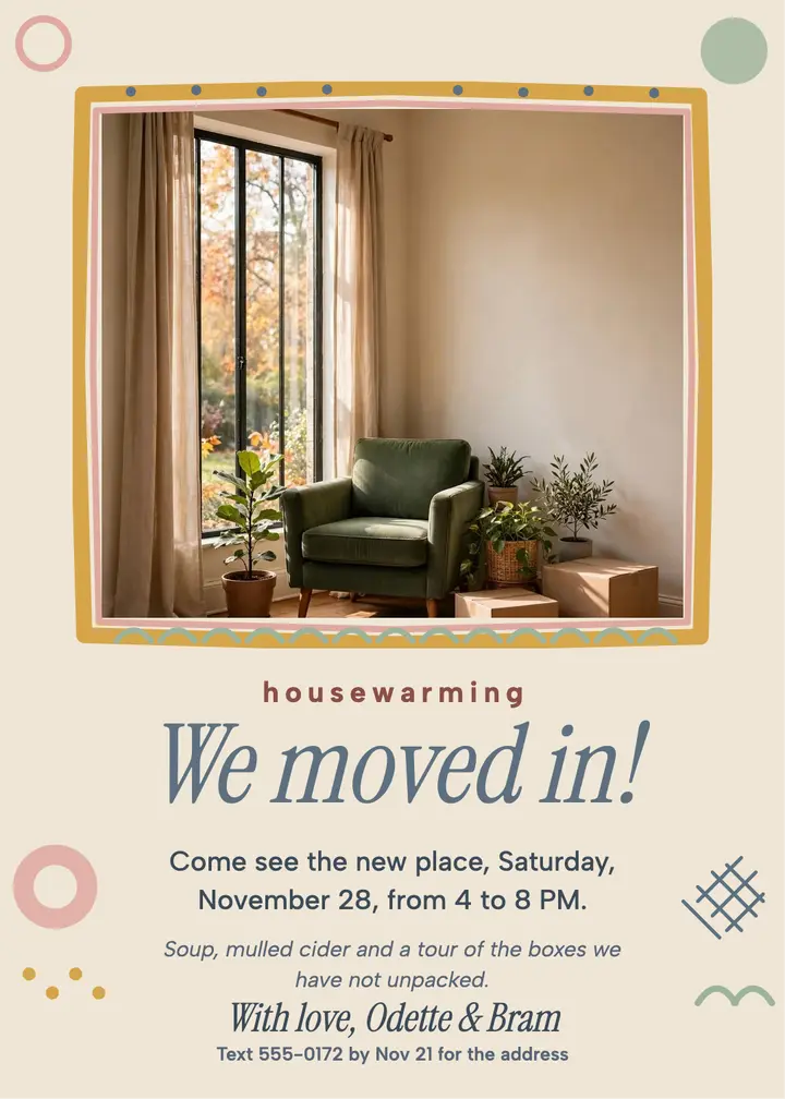 Odette and Bram housewarming invitation template