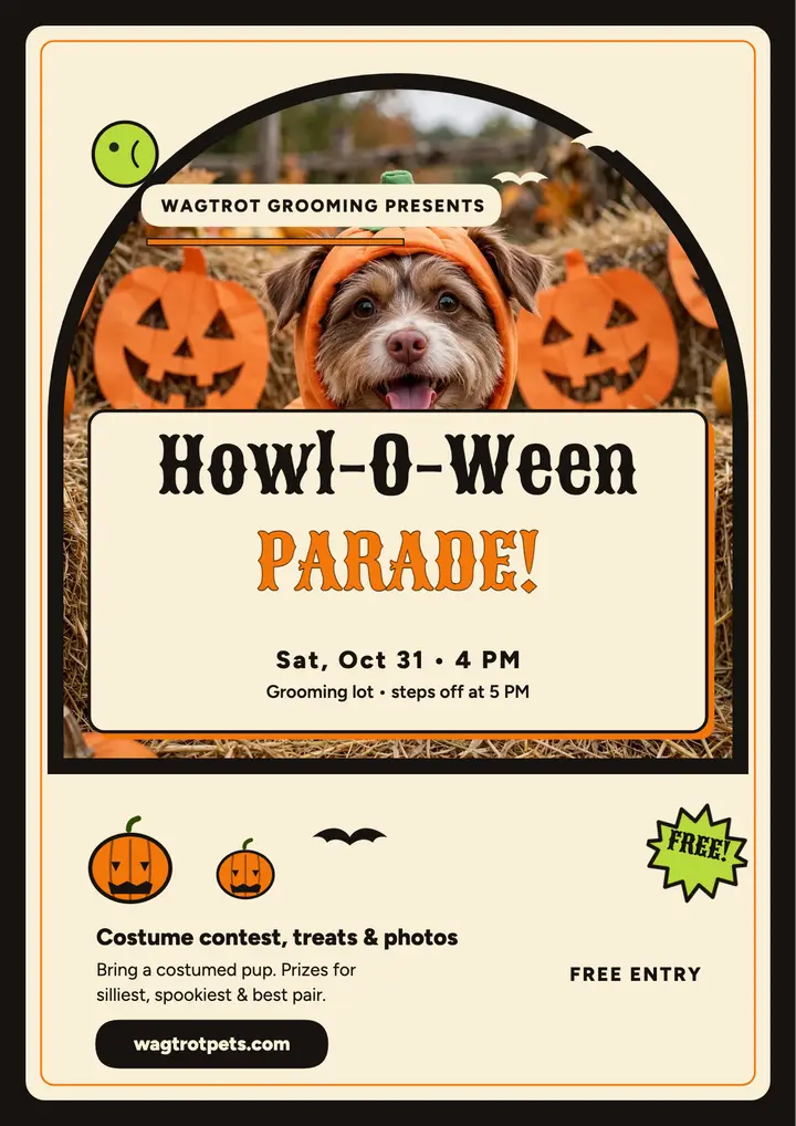 Wagtrot Howl-O-Ween pet parade flyer: halloween pet parade flyer template