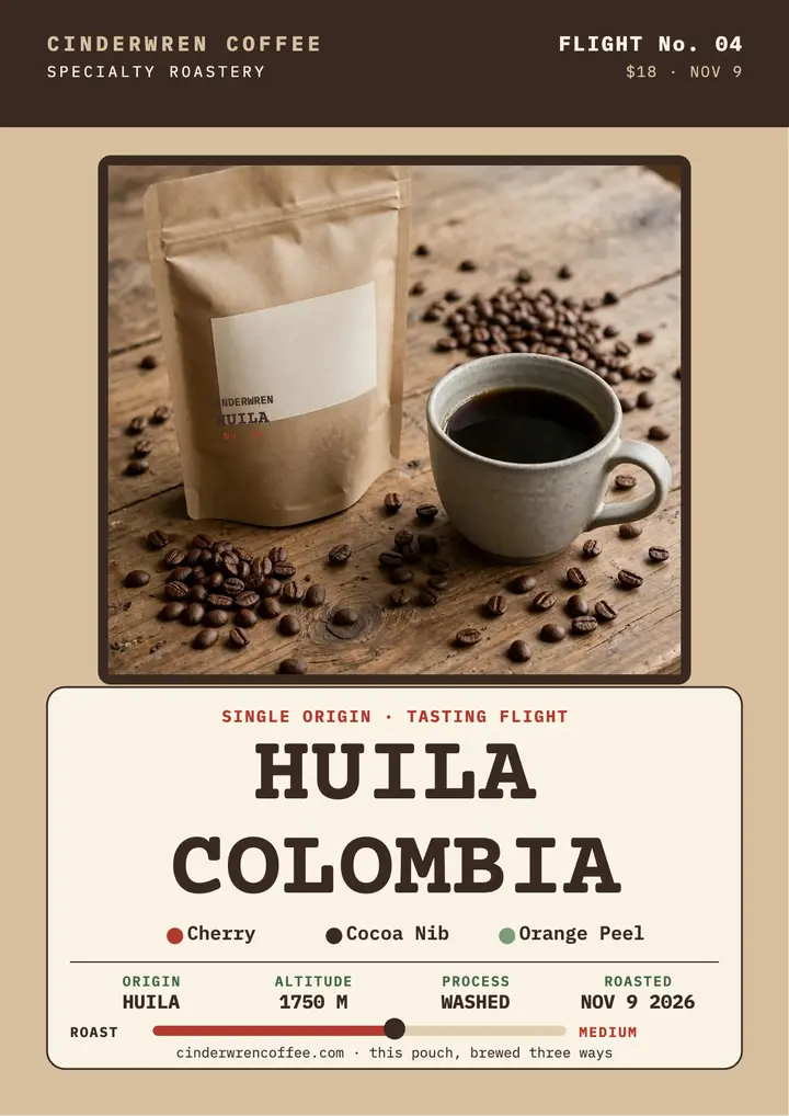 Cinderwren Huila tasting flight flyer template