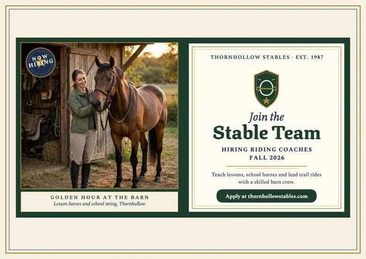 Thornhollow Stables hiring certificate: riding stable hiring poster template