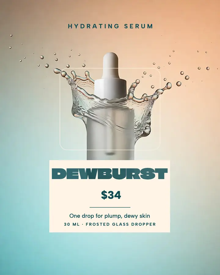 Dewburst hydrating serum splash post: hydrating serum product post template