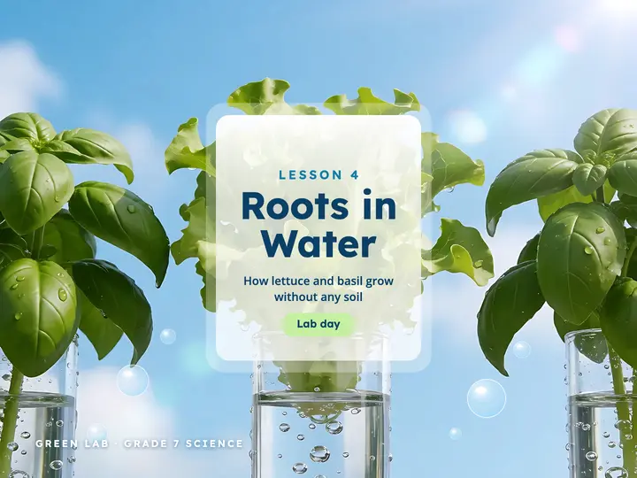 Roots in Water hydroponics lesson slide, Frutiger Aero template