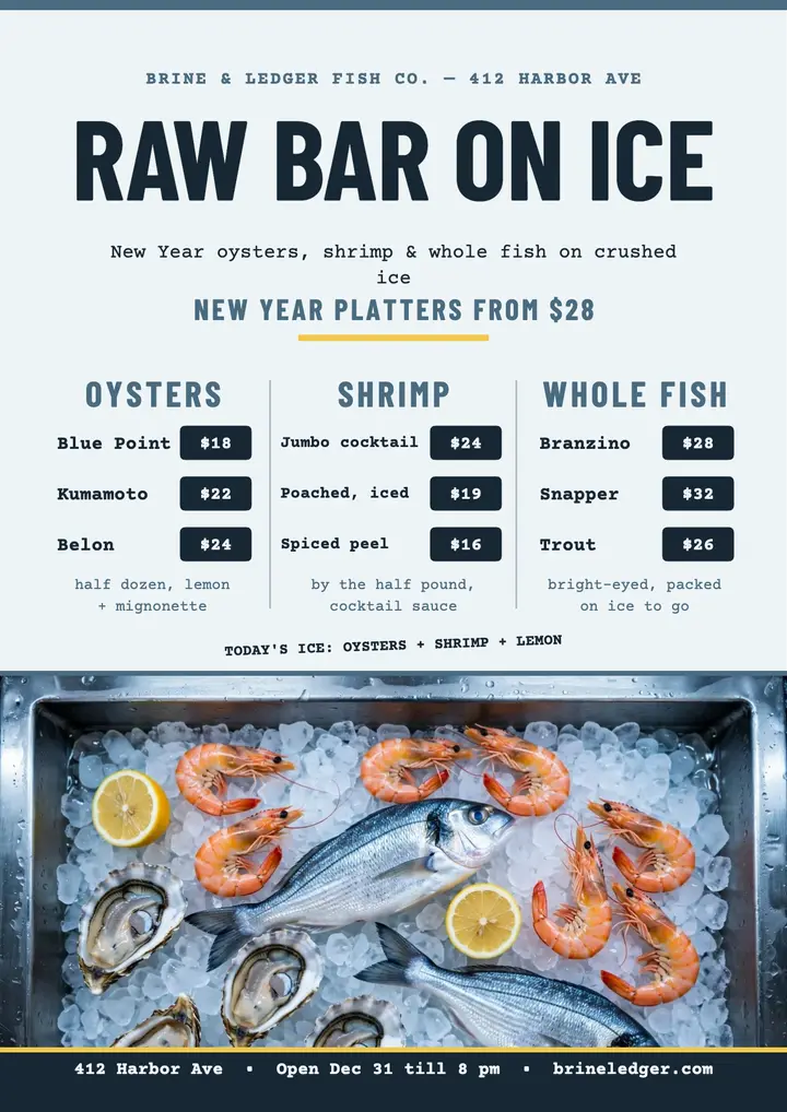 Brine and Ledger New Year raw bar flyer template
