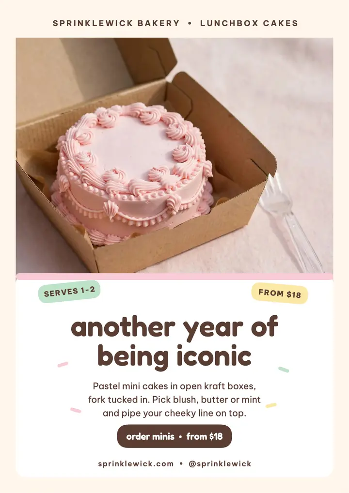 Sprinklewick iconic mini cake birthday flyer template