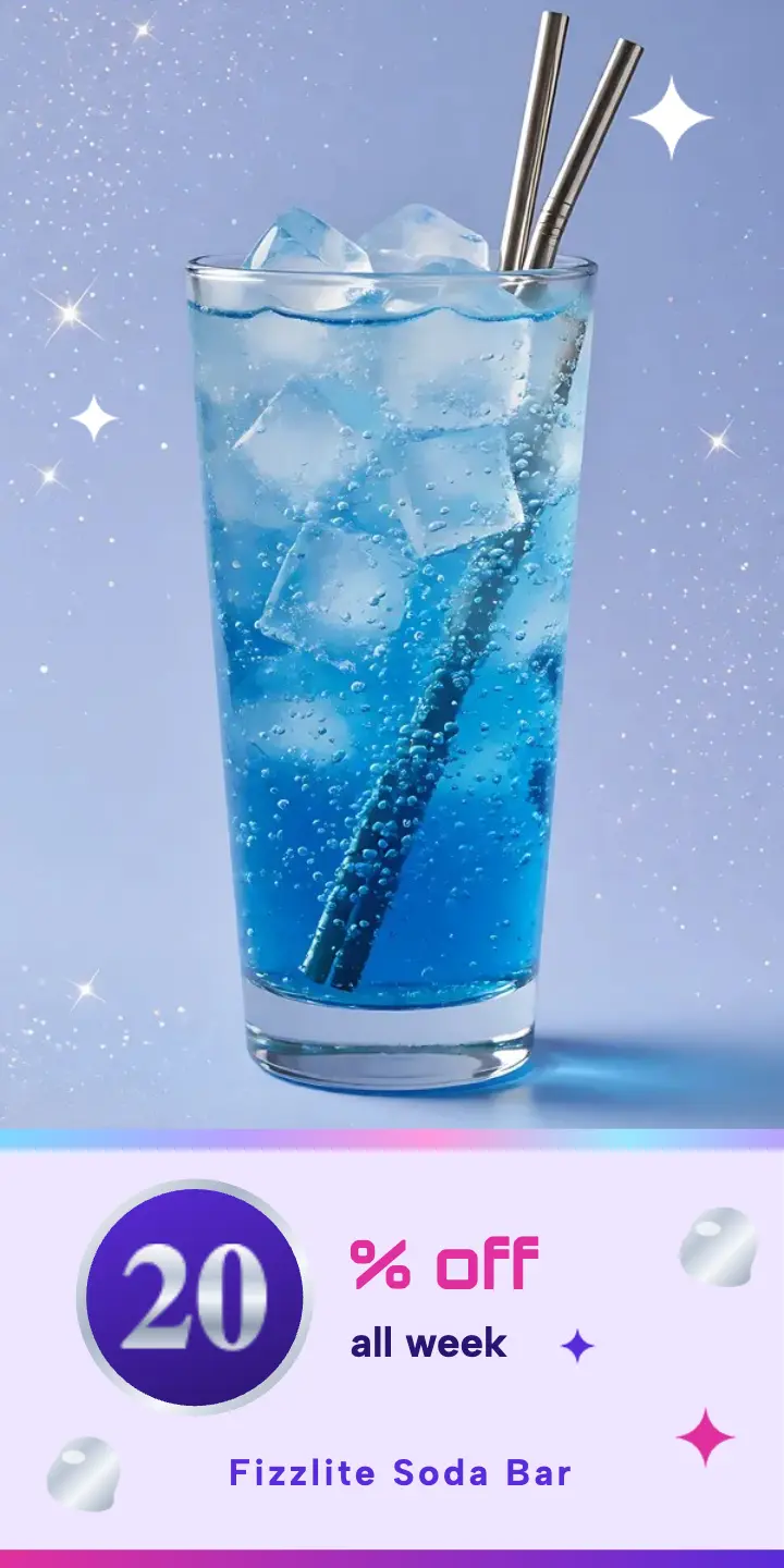 Fizzlite Soda Bar 20% off half-page ad, Y2K chrome template
