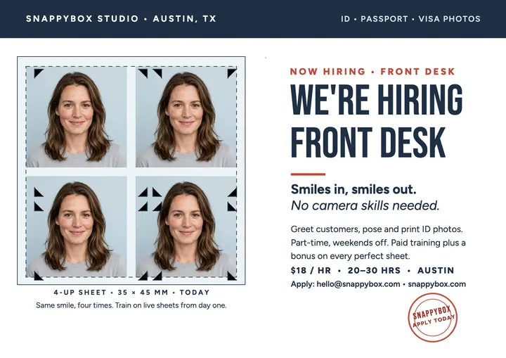 Snappybox front desk hiring poster template