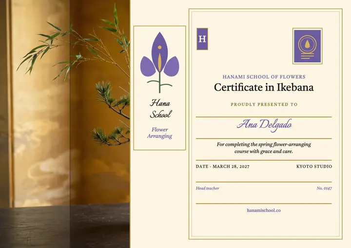 Hanami ikebana certificate on gold screen template