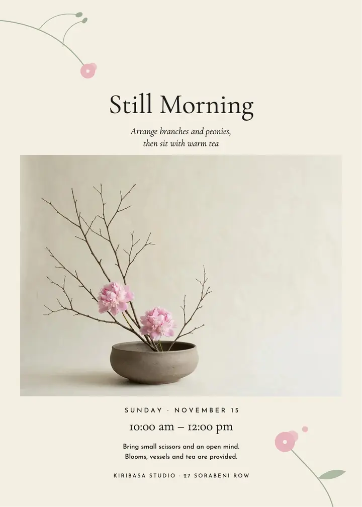 Still Morning ikebana and tea invitation template