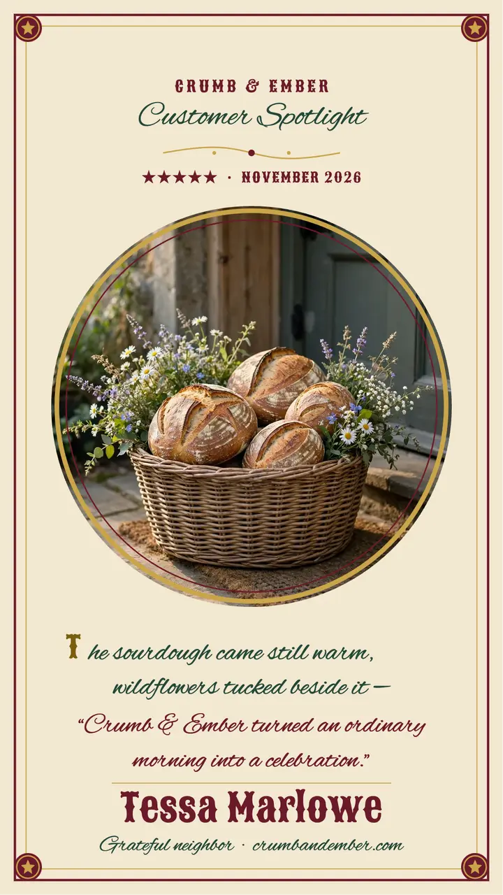 Crumb and Ember bakery testimonial address template