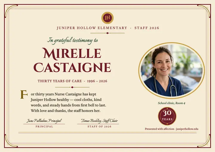 Nurse testimonial certificate, illuminated template