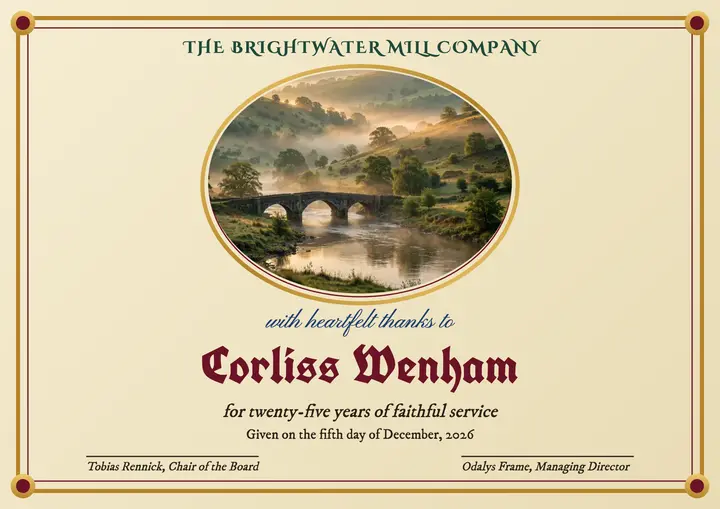 Corliss Wenham retirement certificate, illuminated address template