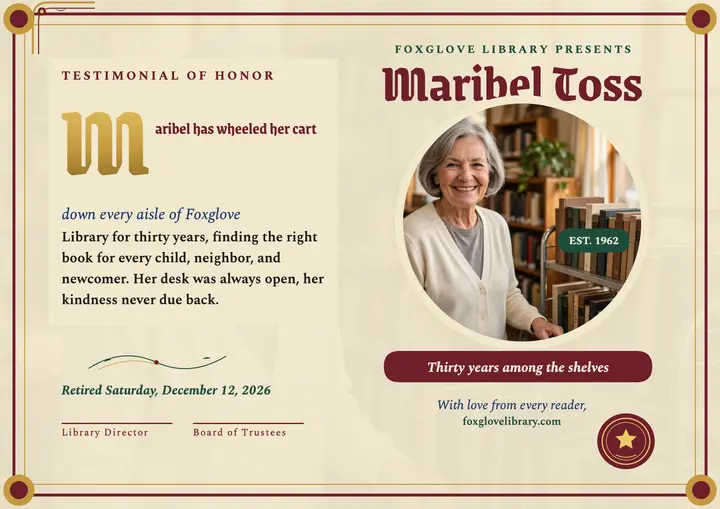 Maribel Toss retirement testimonial, Foxglove Library: retirement testimonial certificate template