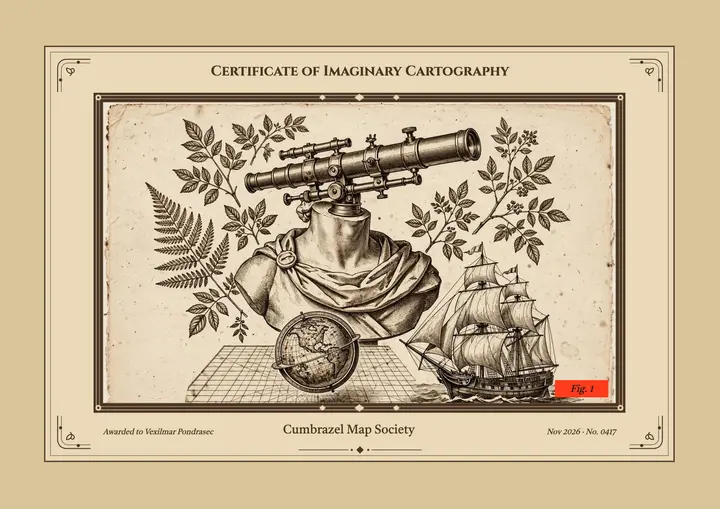 Imaginary cartography workshop certificate, engraving collage template