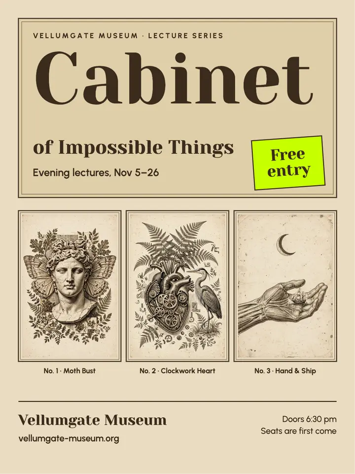 Cabinet of Impossible Things lecture series poster: museum lecture poster template