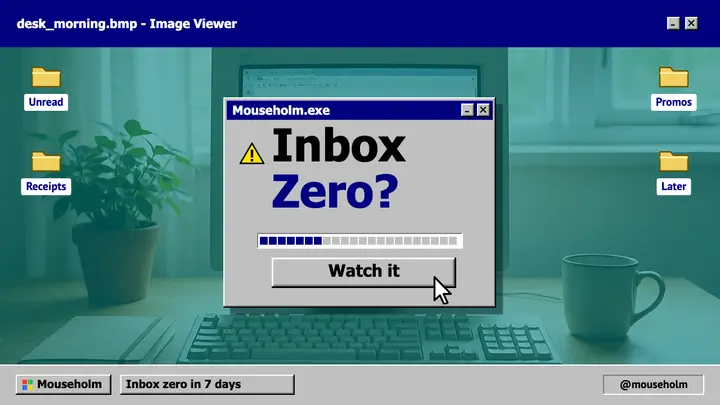 Inbox zero video thumbnail, retro OS desktop template