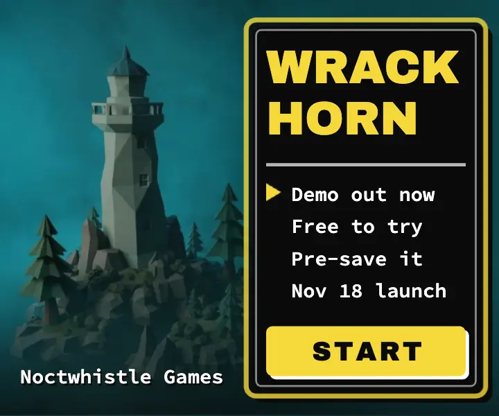 Wrackhorn game demo out now ad, low-poly PS1 template