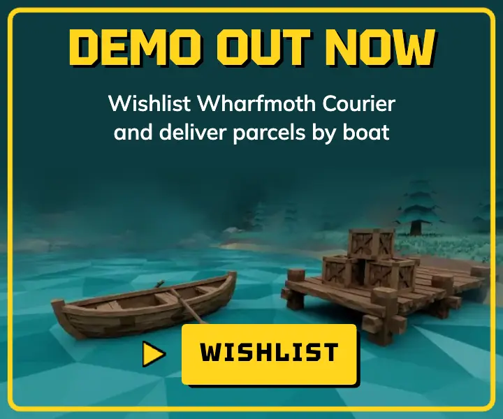 Wharfmoth Courier demo display ad, low-poly PS1: game demo display ad template